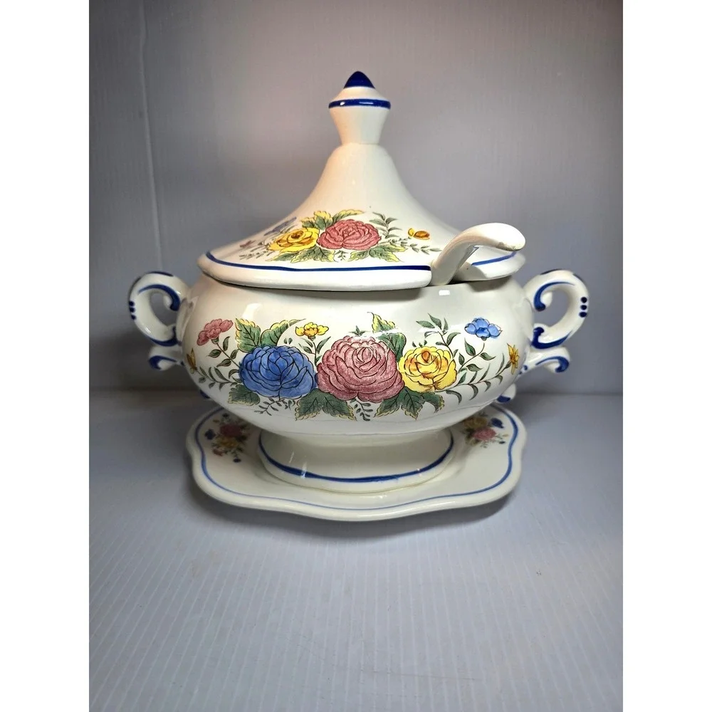 Vintage Ceramic Soup Tureen with Ladle‎ and Underplate Floral Design Blue Trim